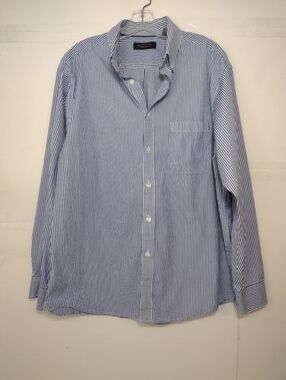TRADEMARK Men's Blue and White Thin-Striped Dress Shirt Size (L)
